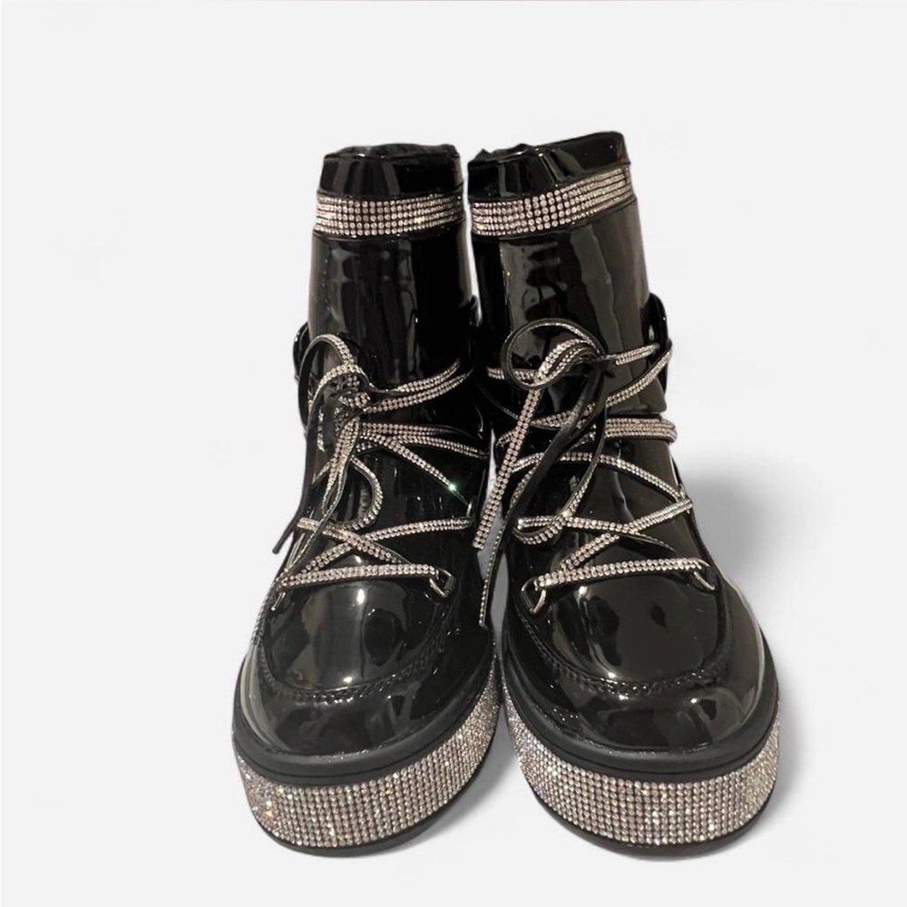 Shiny Black Ankle Boots with Rhinestone Accents - Picture 2 of 3
